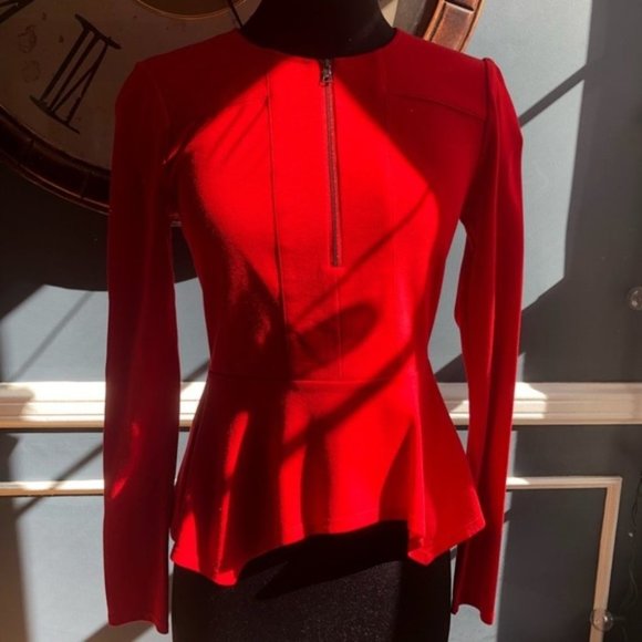 Jaynie Long Sleeve Peplum Knit Top In Rouge Red XS - Picture 2 of 7